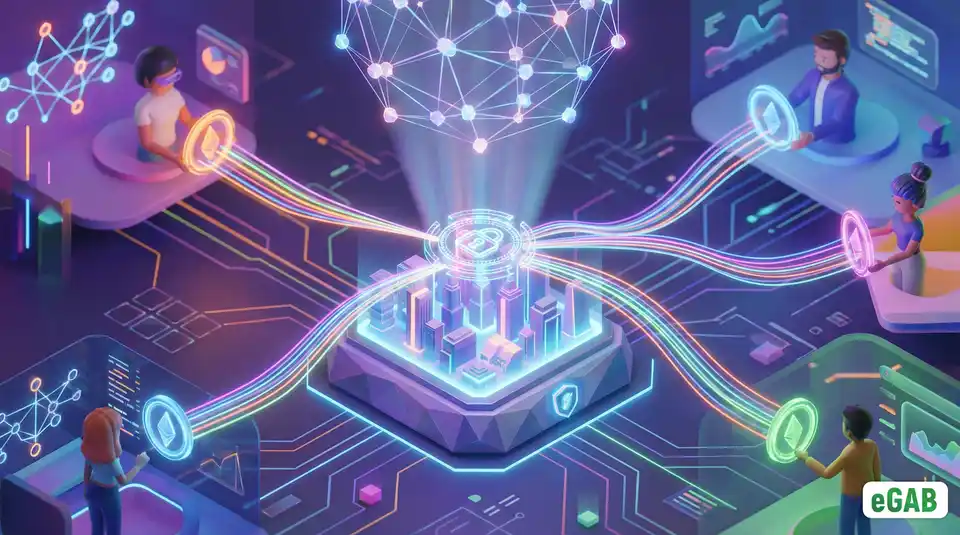 3D illustration clarifying intellectual property on the blockchain with immutable provenance seals and fractionalized ownership tokens.