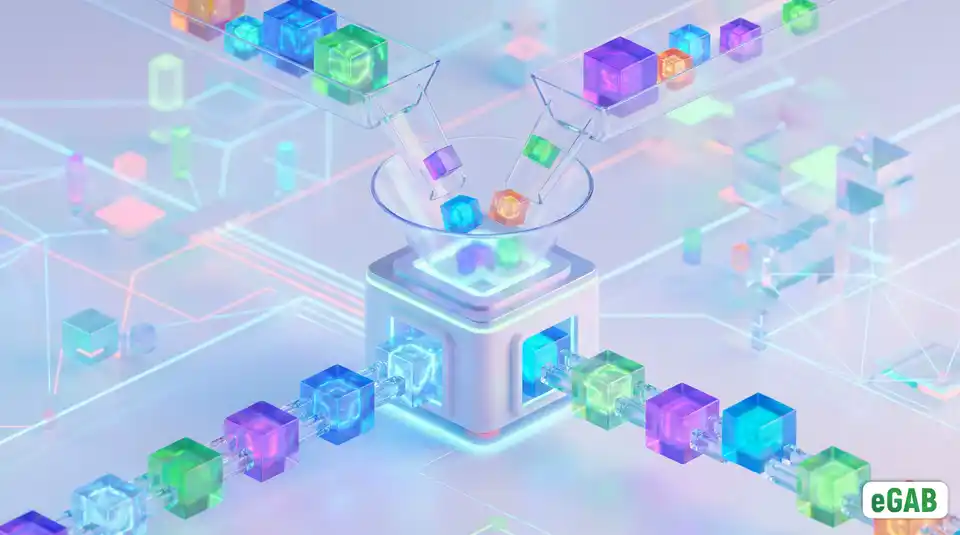 3D infographic of smart contracts automating fair contribution tracking on an immutable ledger, solving the free-rider problem.
