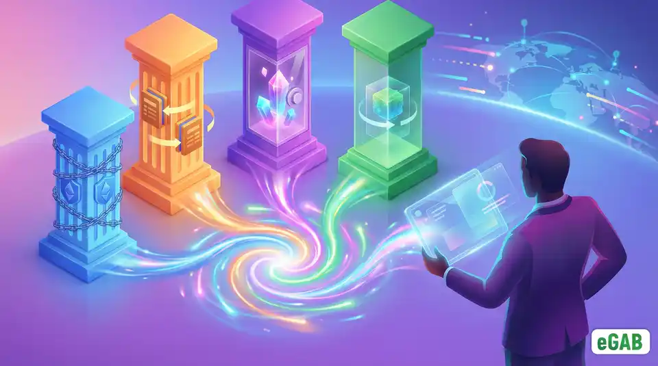 Summary 3D artwork showing the convergence of trust, tracking, rewards, and IP into a synergistic team ecosystem and portable portfolio.