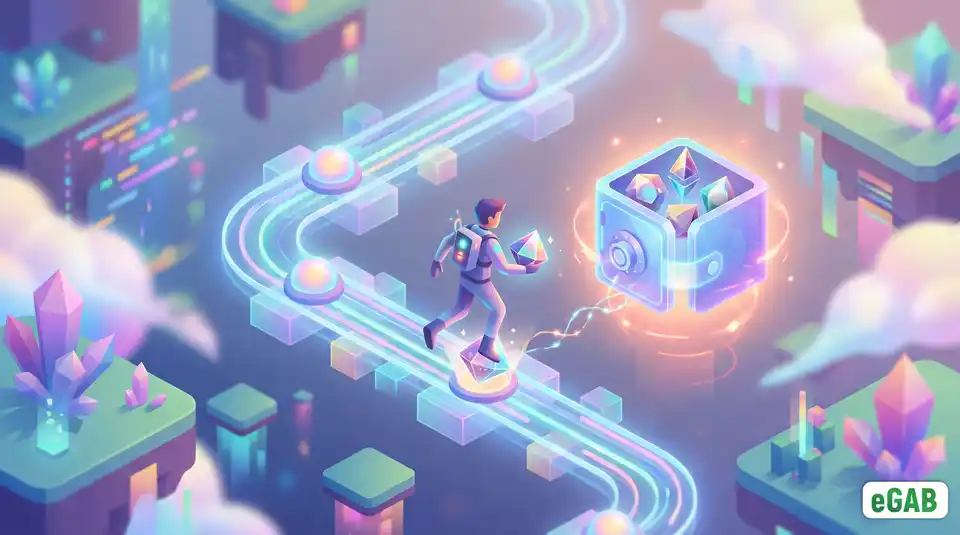 3D depiction of tokenized rewards where project milestones become permanent, ownable digital assets in a personal wallet.