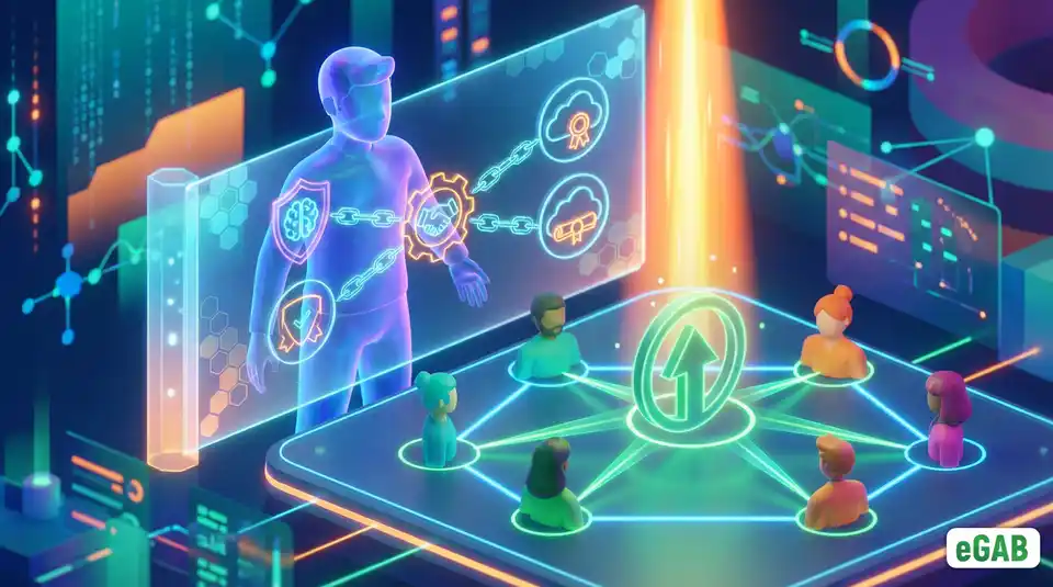 3D visualization of instantly verifying digital identity and skills using non-transferable Soulbound Tokens scanned for a team.