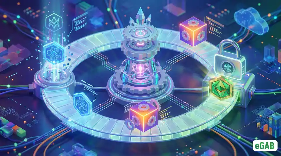 Circular lifecycle of a digital credential showing minting, updating, and locking, managed by a central control tower.