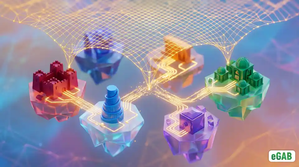 Floating digital islands being connected by a unified glowing grid, illustrating global interoperability and standard acceptance.