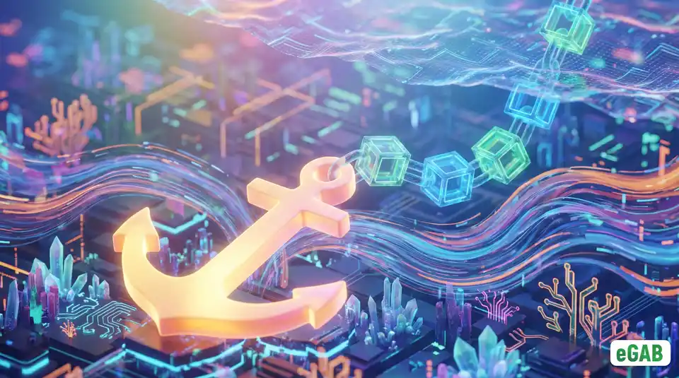 A golden anchor securing a chain of blockchain cubes, representing TTP as the anchor of trust for digital credentials.