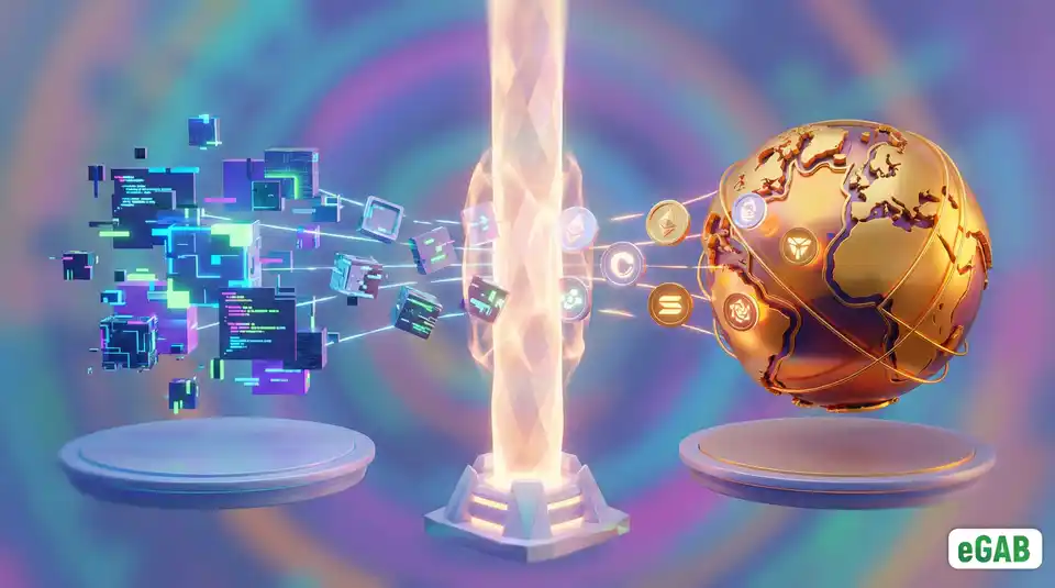 3D illustration of a central pillar bridging digital NFT blocks with a global map, symbolizing the role of Trusted Third Parties.