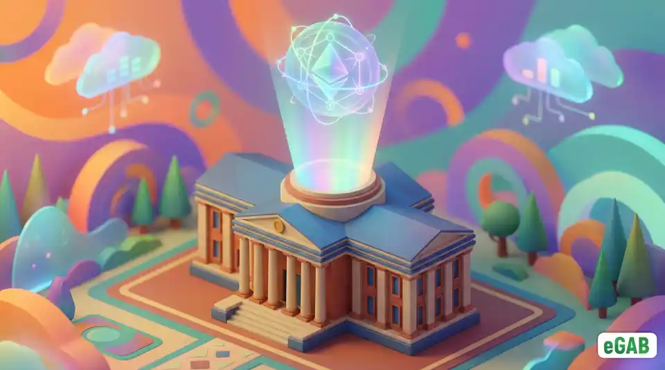 A university building projecting light into a digital token, representing the connection between institutional authority and blockchain credentials.