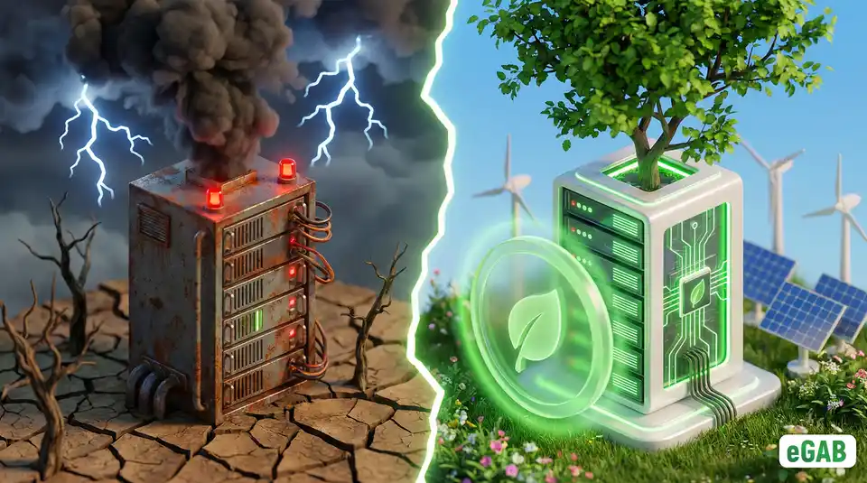 A visual comparison showing the environmental damage of public crypto mining versus the zero-impact, eco-friendly nature of private educational blockchains.