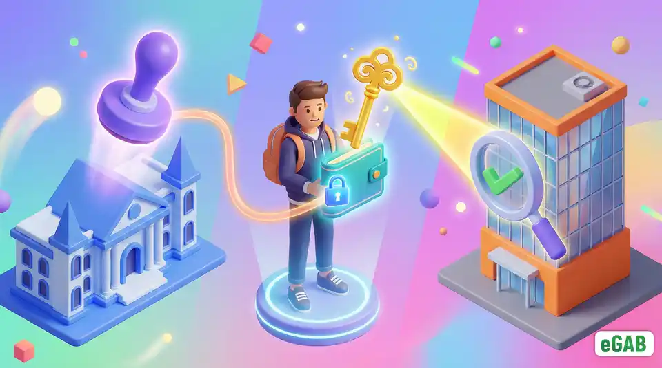 An infographic illustrating the Issuer/Holder/Verifier model of NFT credential ownership, with the university as issuer, student holding the key, and employer verifying.