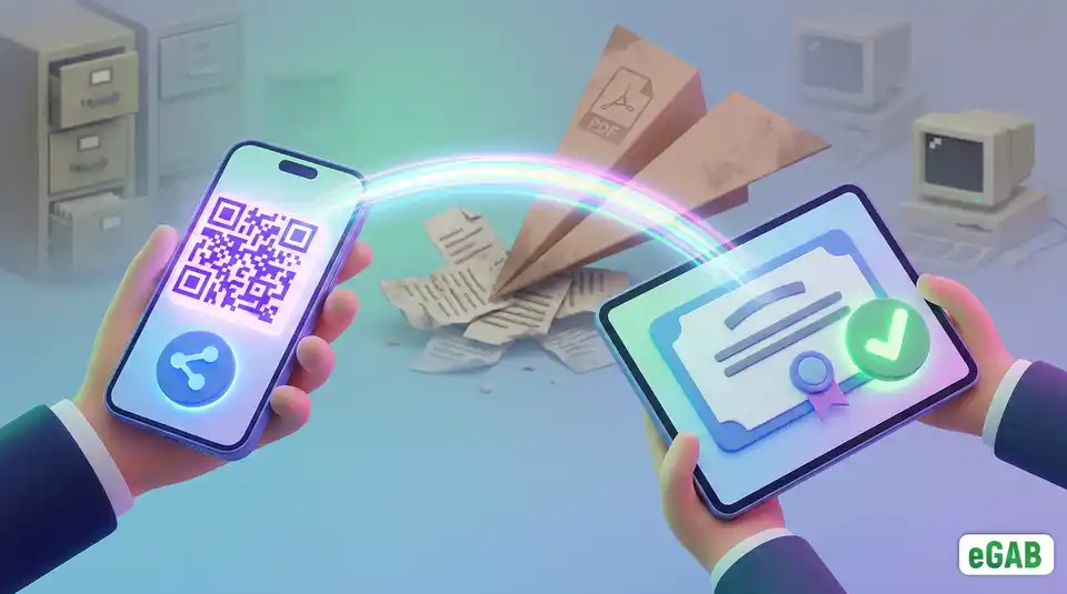 A visual demonstration of instant NFT credential sharing via smartphone QR code to an employer's tablet, contrasting with slow traditional methods.