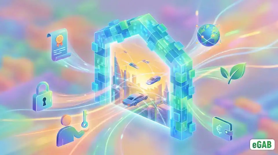 A summary illustration depicting a secure, portable future for education, with icons for digital twins, security, ownership, sharing, and sustainability converging through a digital portal.