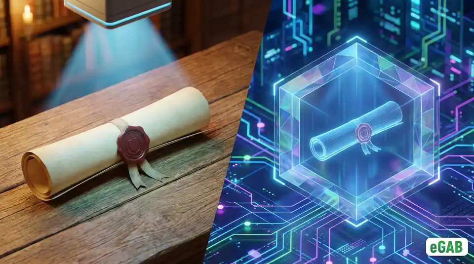 A visual illustration of an NFT credential as a secure digital twin of a physical diploma, linked by a glowing beam on a private blockchain network.
