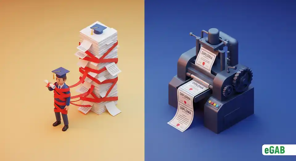 Split image showing a student tangled in bureaucracy and a diploma mill producing fake certificates, representing the need for a global program.