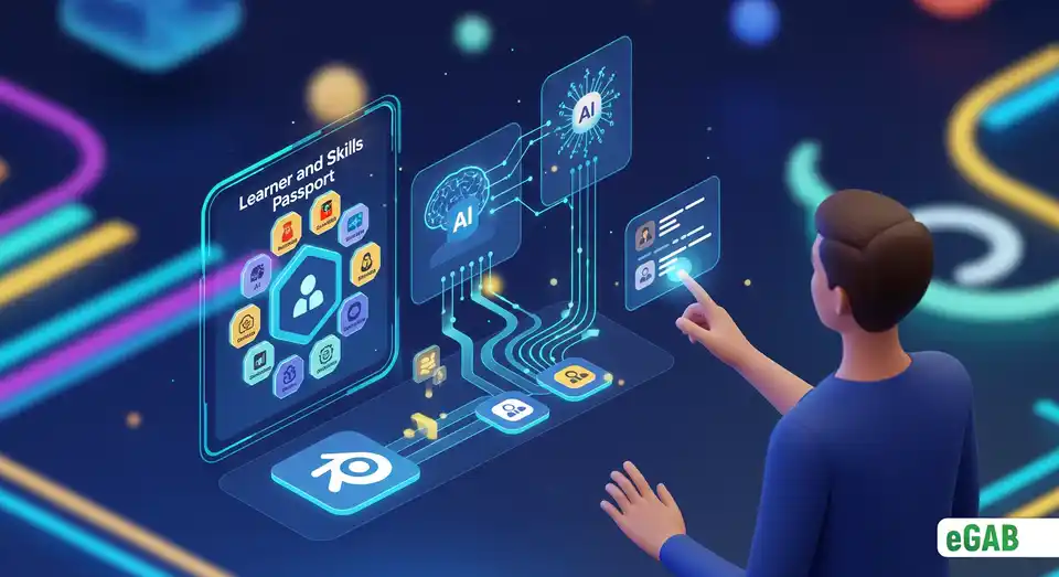A futuristic interface showing an AI-powered Learner and Skills Passport with micro-credentials, representing the future of digital documents.