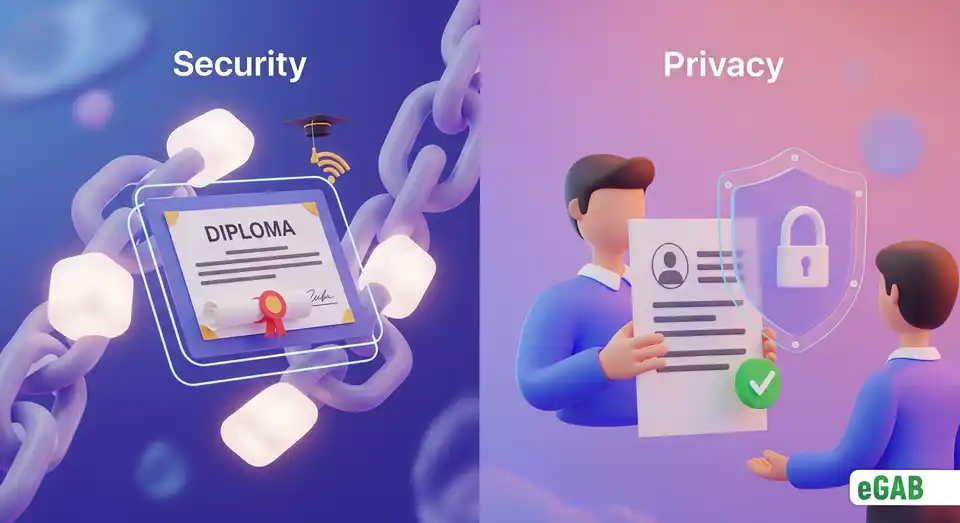 A split visual showing a blockchain securing a diploma and a privacy shield protecting personal data during verification.