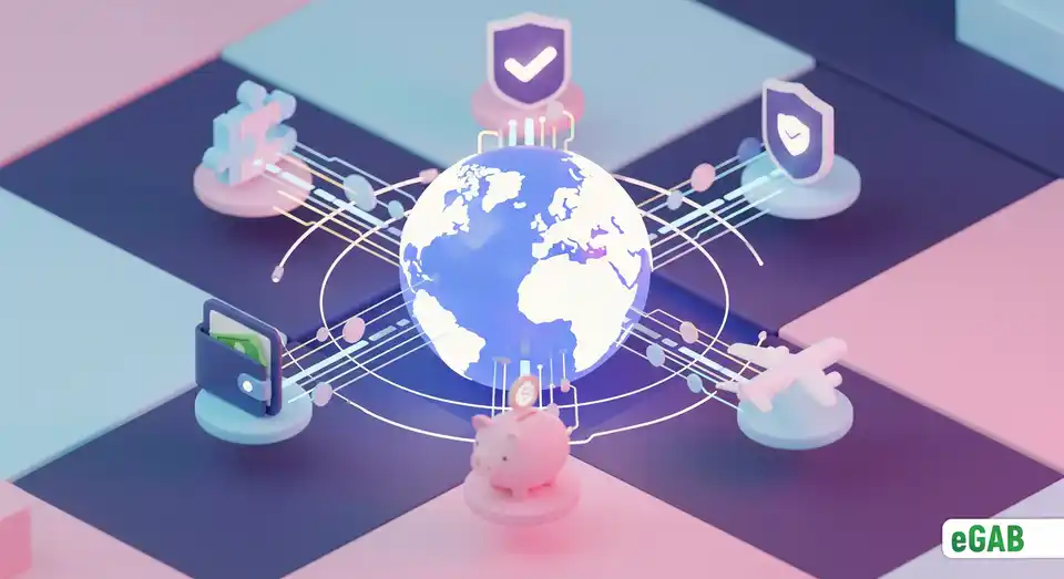 An infographic of a globe surrounded by six icons representing the key objectives of the Global Digital Document Exchange Program.