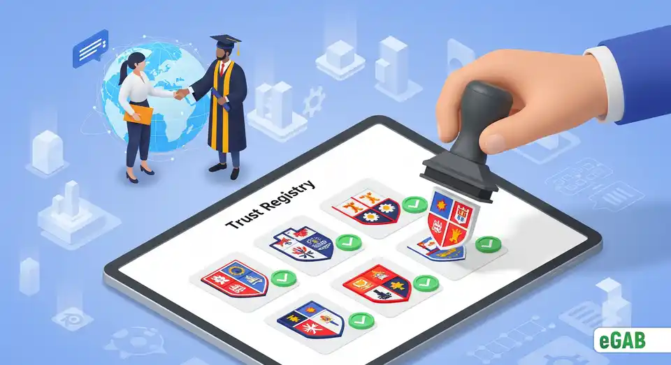 A digital trust registry with verified institutional crests ensuring global recognition and trust for academic documents.
