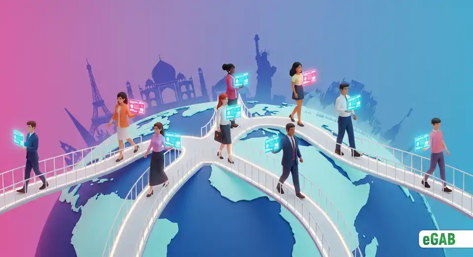 Professionals with digital credentials crossing bridges on a globe, symbolizing enhanced international academic mobility.