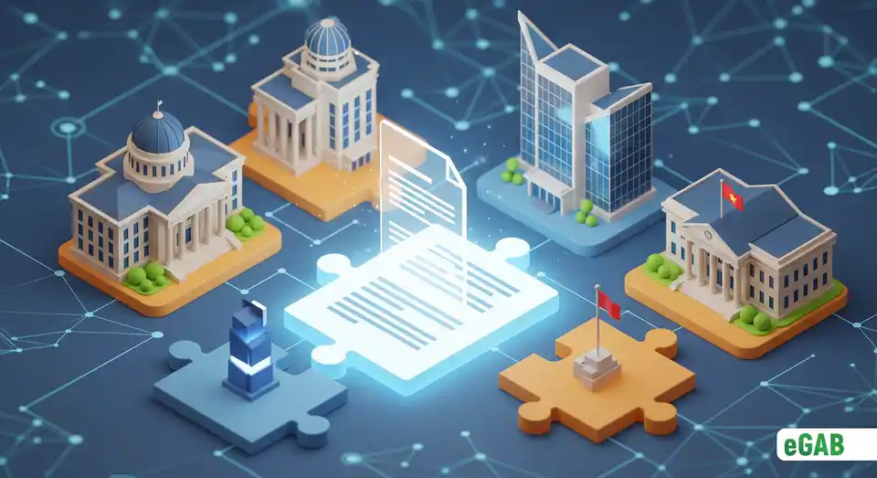 Institutions assembling a digital document from interlocking pieces, symbolizing the creation of unified standards for credentials.