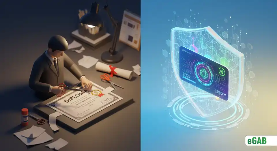 A 3D infographic contrasting an easily forged paper diploma with a secure, blockchain-protected digital credential.