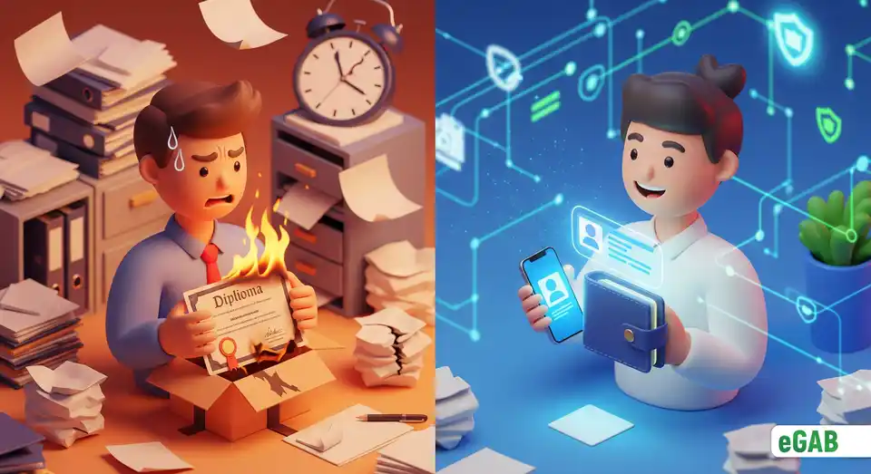 A comparison showing the risk of damaged paper documents versus the convenience and security of a personal digital credential wallet.