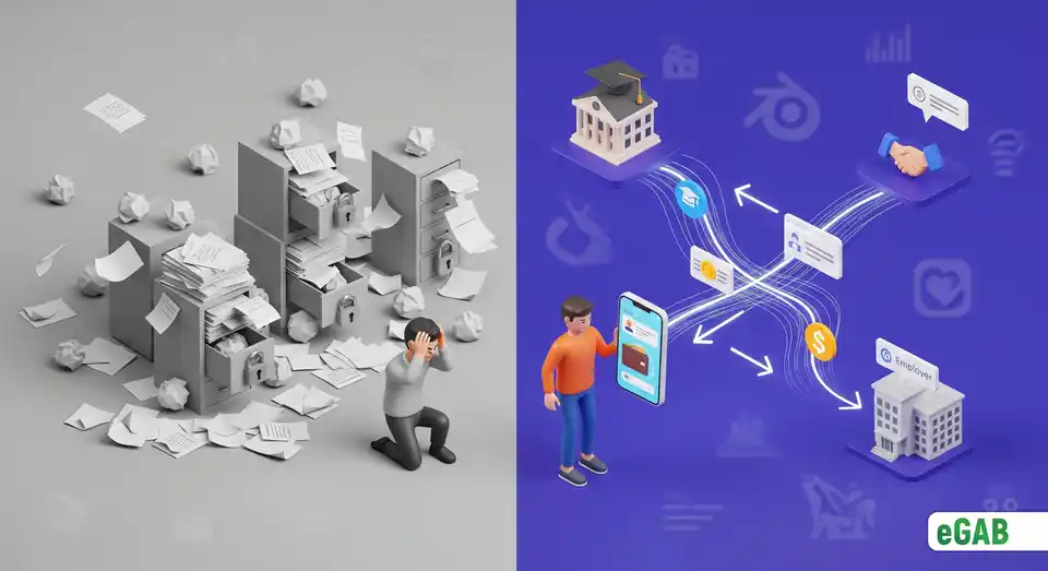 A before-and-after image showing the paradigm shift from chaotic paper credentials to a streamlined, secure digital system.