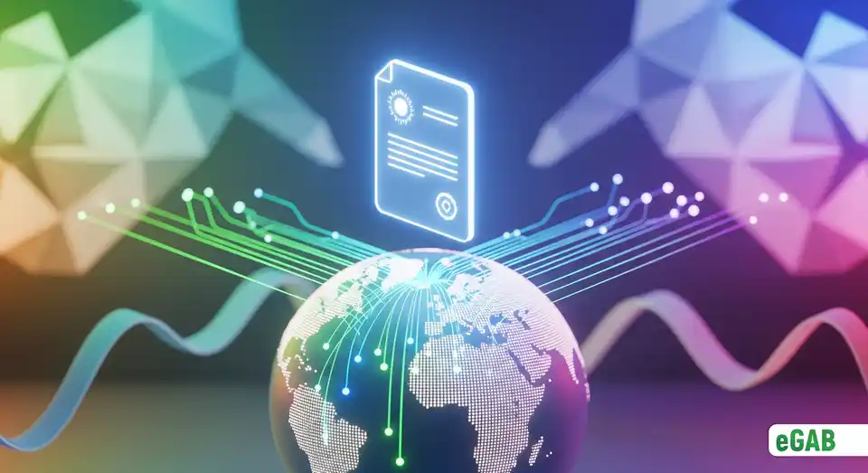 A glowing digital document connected to a global network, illustrating the principles and purpose of the Global Digital Document Exchange Program.