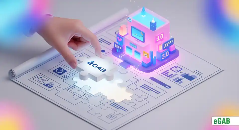 A 3D model of the eGAB ecosystem being completed like a puzzle on a blueprint, representing the implementation of a global program.