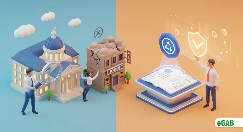 A two-step verification process with a gatekeeper vetting institutions and a notary sealing documents, ensuring global trust.