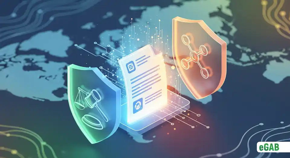 A digital document protected by interlocking shields of legal and technical compliance, illustrating adherence to international standards.