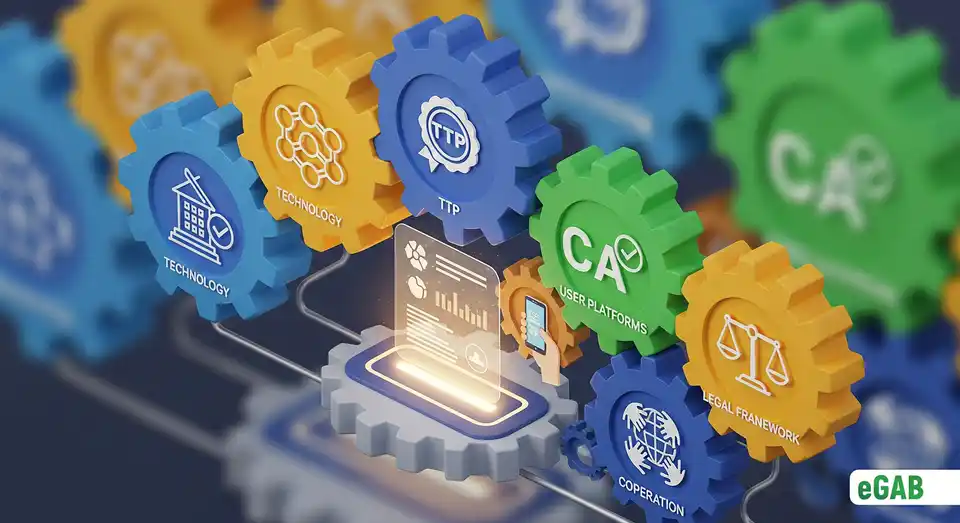 An infographic of six interconnected gears with icons, representing the core components of the digital document ecosystem working in harmony.