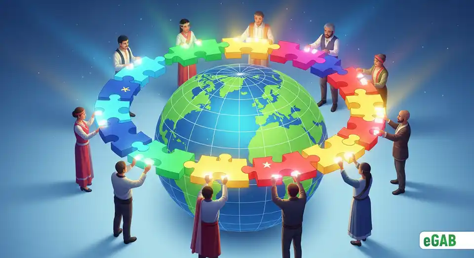 International representatives connecting puzzle pieces around a globe, symbolizing the importance of cooperation for digital standards.