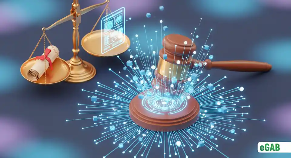 A gavel and scales of justice weighing a paper document against a digital one, representing the legal framework for digital credentials.
