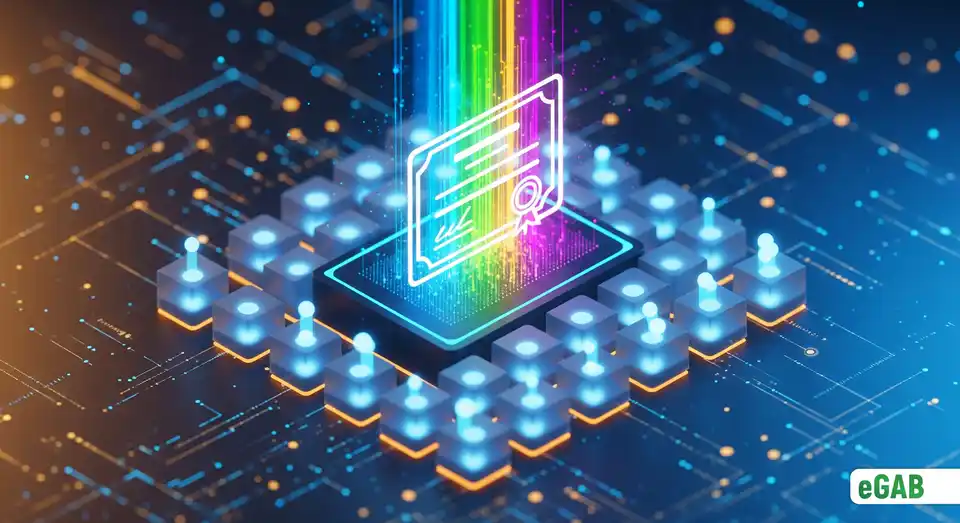 A glowing blockchain network forming a secure technological foundation for a digital academic credential, symbolizing data security.