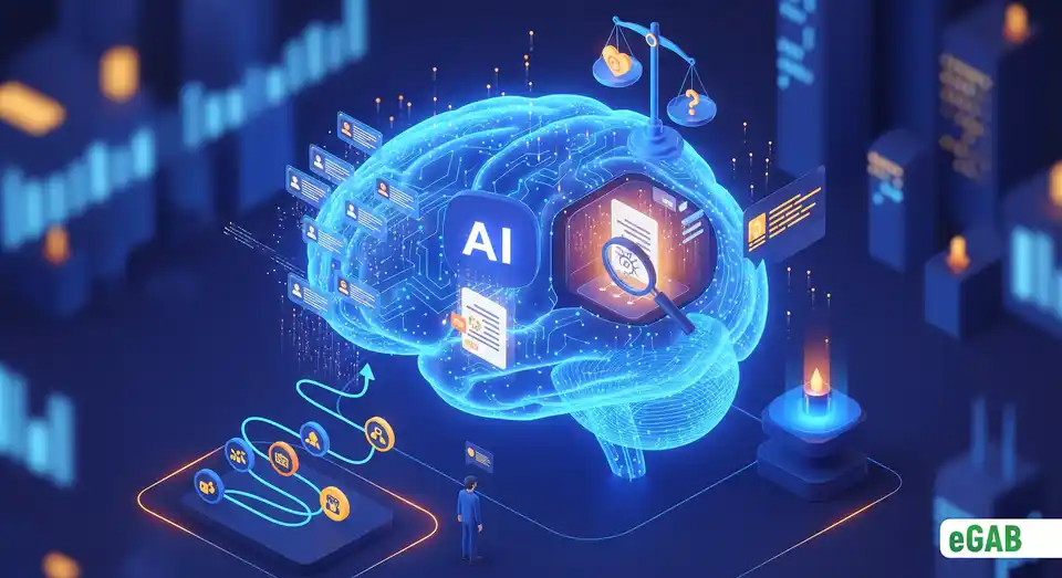 A large AI brain performing skills mapping and fraud detection, balanced by scales of justice to represent the ethical use of AI in credentialing.