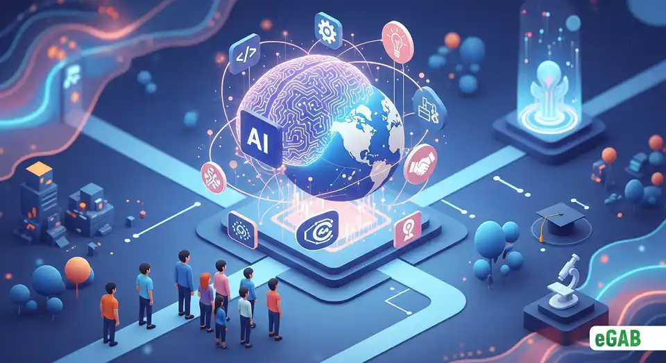 Infographic showing the future of digital documents, featuring an AI brain, a globe, and micro-credential icons shaping the future of work and learning.