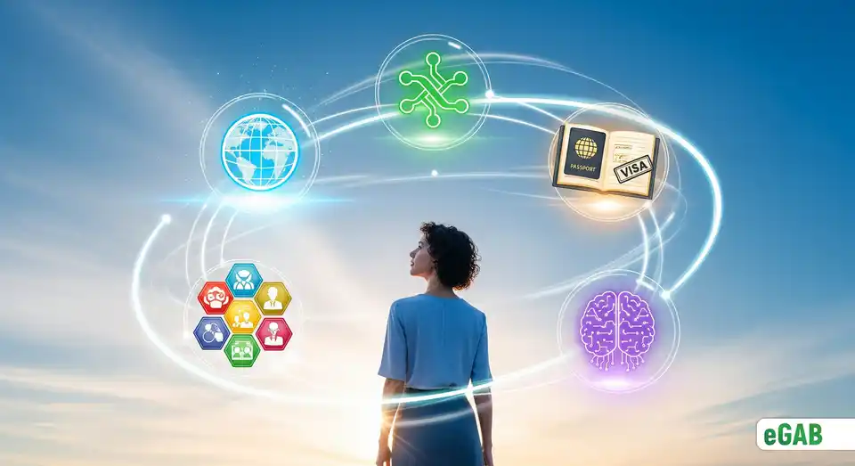 A person looks to the future surrounded by icons for globalization, AI, integration, and inclusivity, summarizing the future of learning and work.