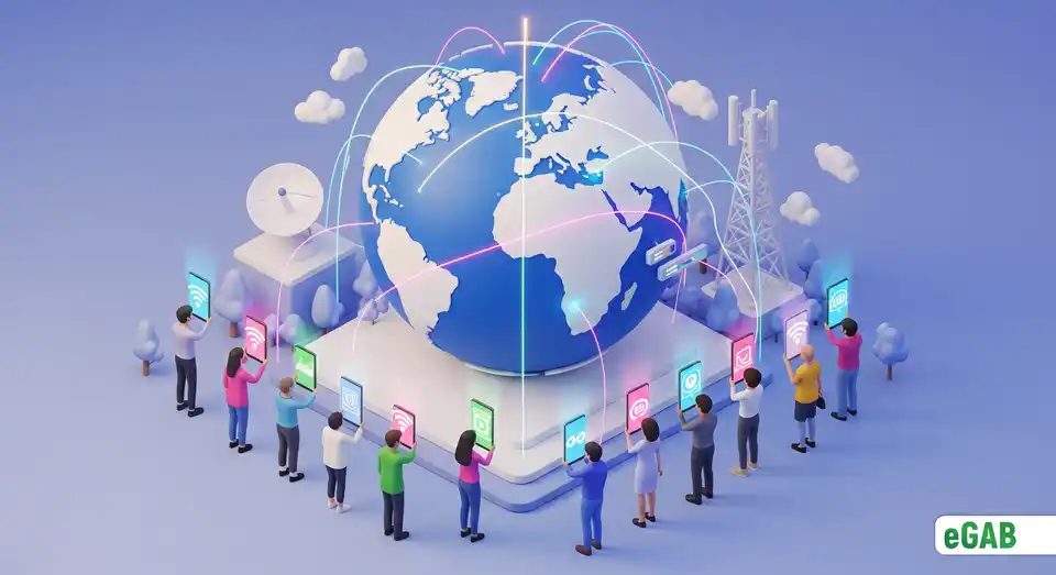 A glowing globe connected by networks with diverse people holding digital credentials, symbolizing the global expansion and equitable access of verifiable documents.