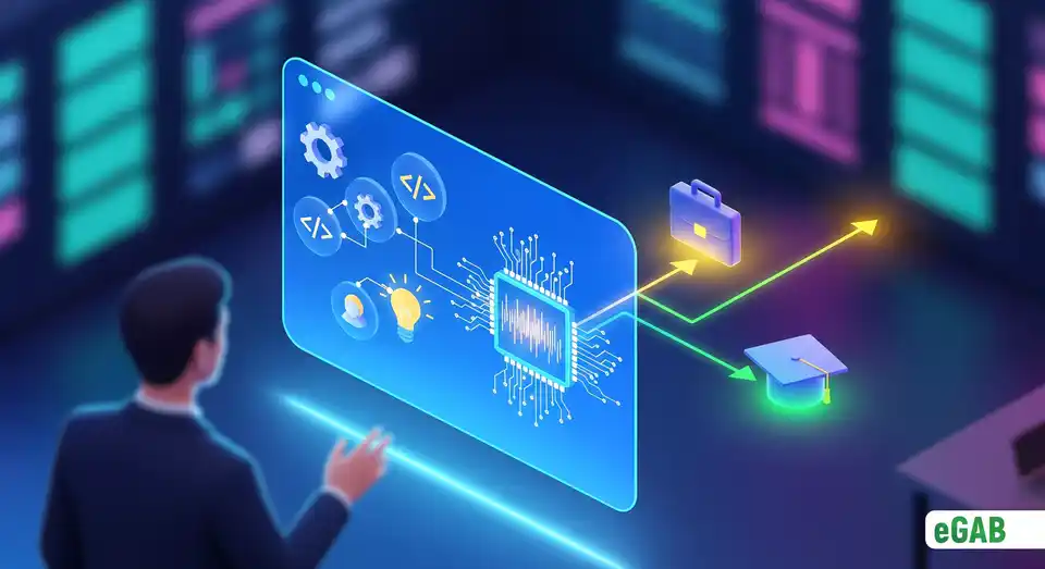 A person using a futuristic interface for AI-powered skills matching, showing automated pathways to jobs and further education, representing new digital credential services.