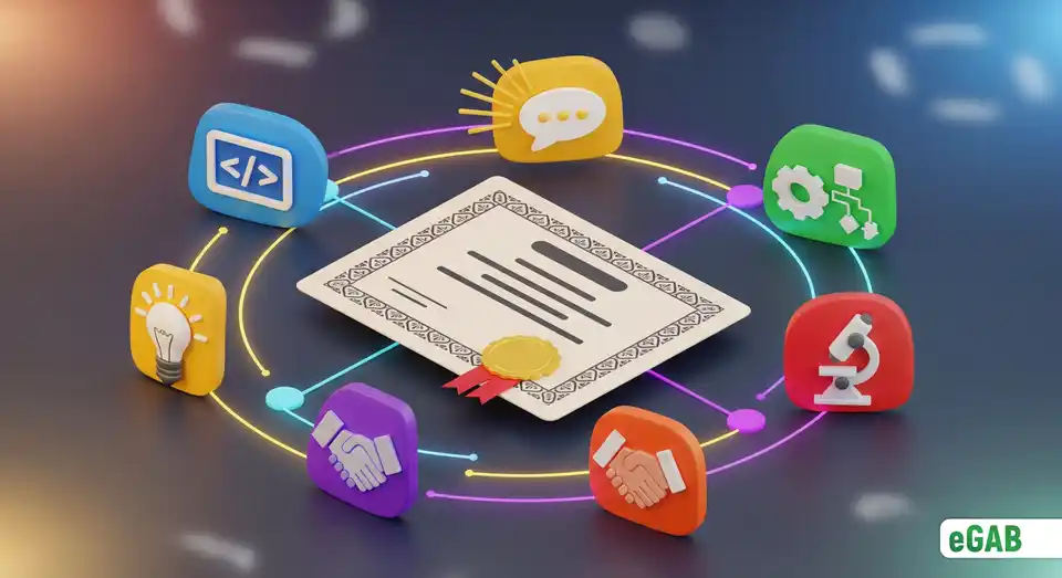 A traditional degree surrounded by various glowing digital badges and micro-credentials, symbolizing the recognition of non-formal and informal learning.