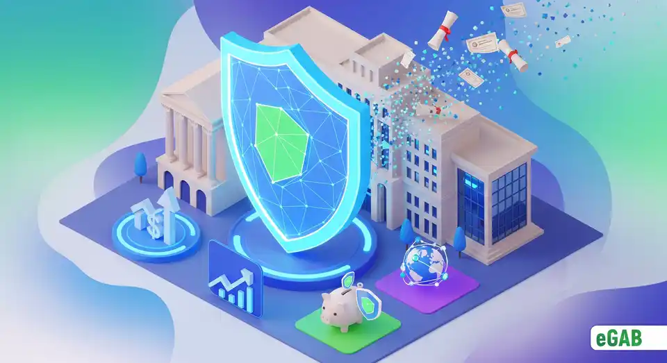 A 3D illustration of a university building being protected by a digital shield, surrounded by icons for prestige, cost savings, and global reach.