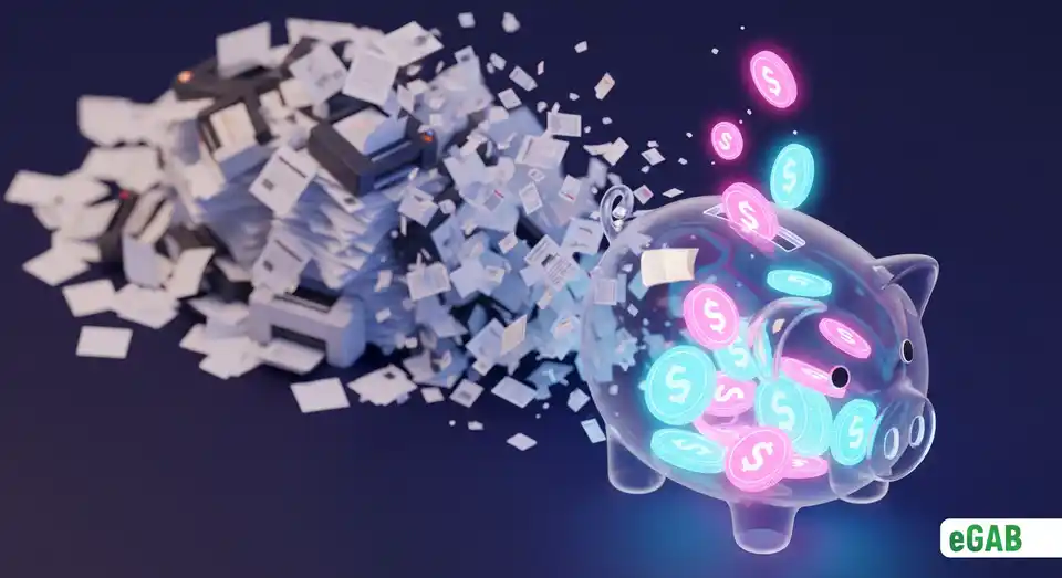 A piggy bank filling with digital coins while paper-related costs disappear, demonstrating the cost-effectiveness of digital credentials.
