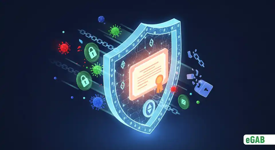 A digital shield made of blockchain patterns protecting a diploma, illustrating unshakeable forgery protection for academic credentials.