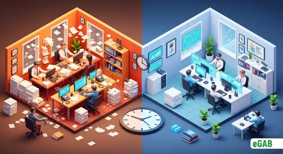 A split image showing a chaotic paper office transformed into an efficient digital one, illustrating time and resource savings.