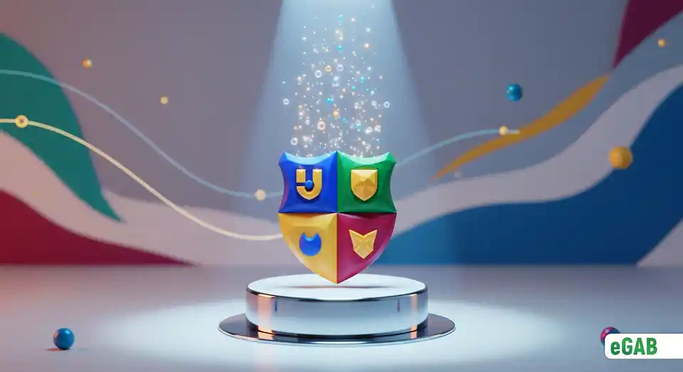 A prestigious university crest glowing under a spotlight on a pedestal, representing enhanced reputation through modern technology.