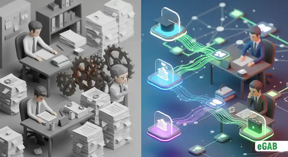 A 3D infographic contrasting the old, slow paper-based credential system with the new, efficient, and secure digital framework of the GDCP.