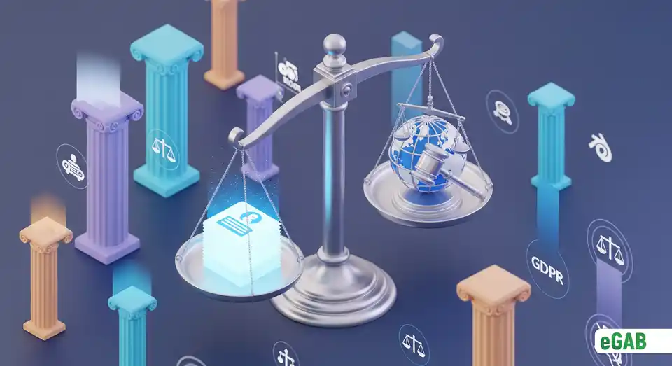 Scales of justice balancing digital documents against a globe and gavel, symbolizing global legal compliance and adherence to regulations.