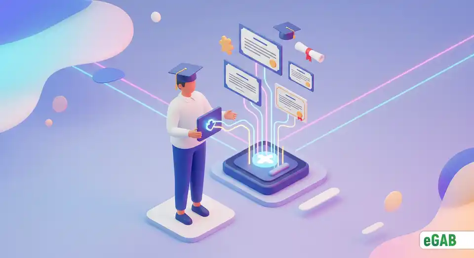 A graduate holding a digital wallet that controls access to their floating digital diplomas, symbolizing full ownership and self-sovereign identity.