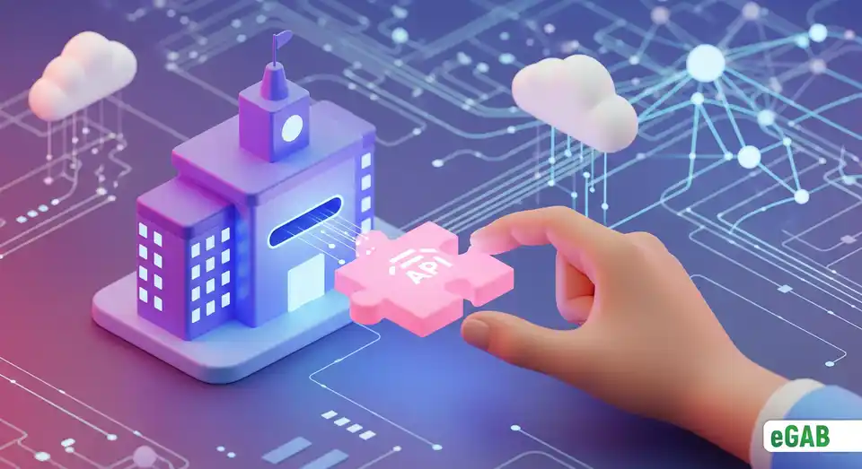 A puzzle piece with an API icon fitting perfectly into a university building, symbolizing the simplicity of adoption for institutions.