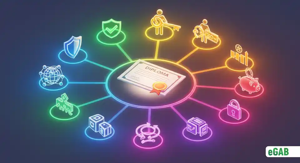 An infographic showing a central diploma connected to twelve icons representing the foundational principles like security, verification, and privacy.