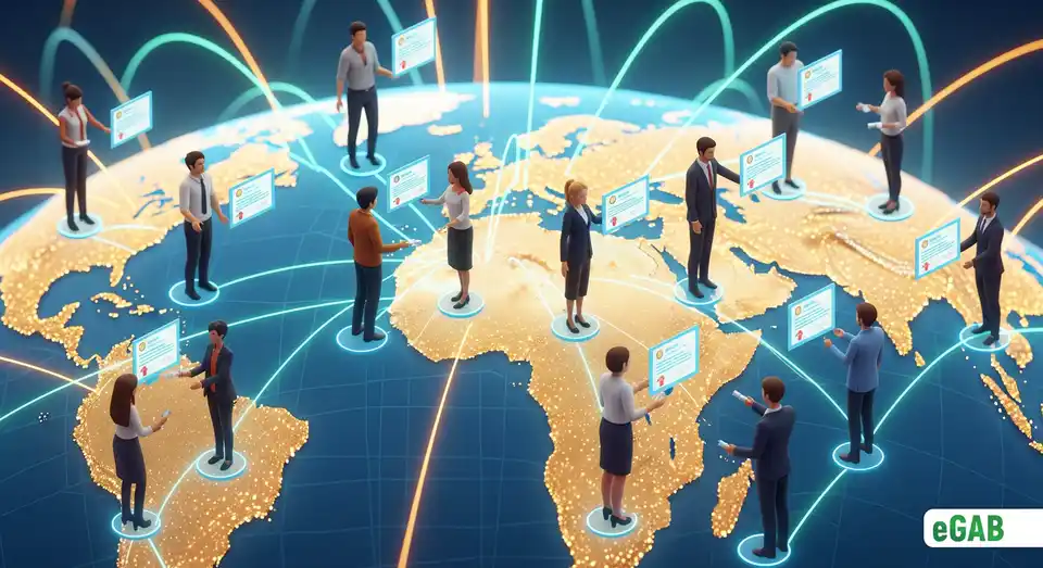 A globe with glowing lines connecting people who are exchanging digital credentials, illustrating universal recognition and interoperability.